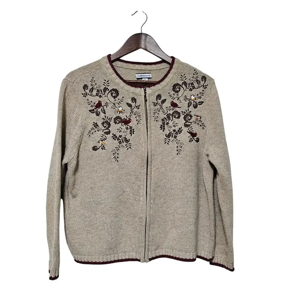 Croft & Barrow Sweater Cardigan Womens Size LP Full Zip Embroidered Birds Granny